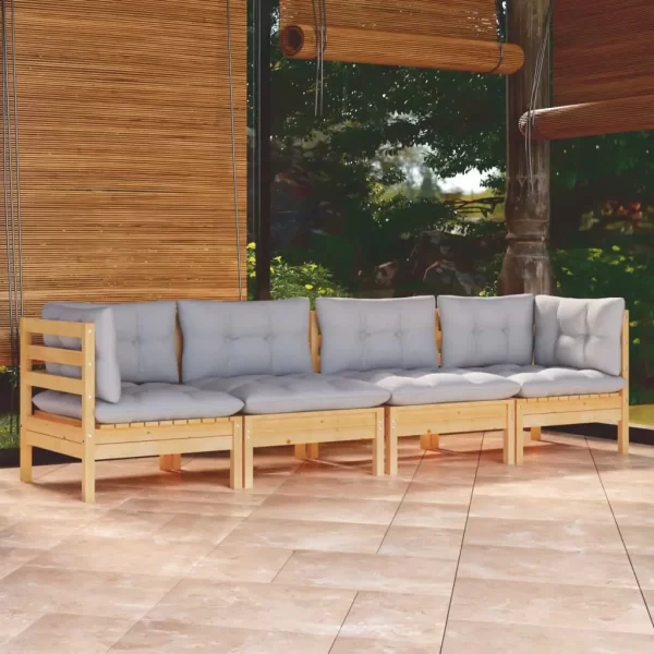 4 Piece Patio Lounge Set with Gray Cushions Solid Pinewood